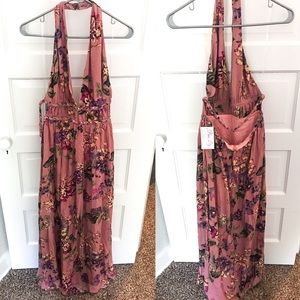 Pink floral backless maxi dress